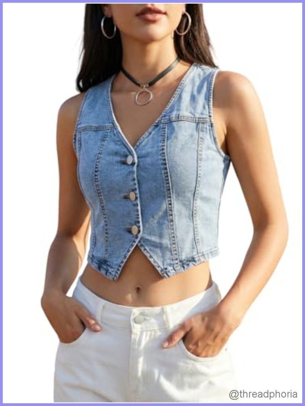 Womens Cropped Denim Vest Sleeveless V-Neck Button Down Western Jean Vest Top